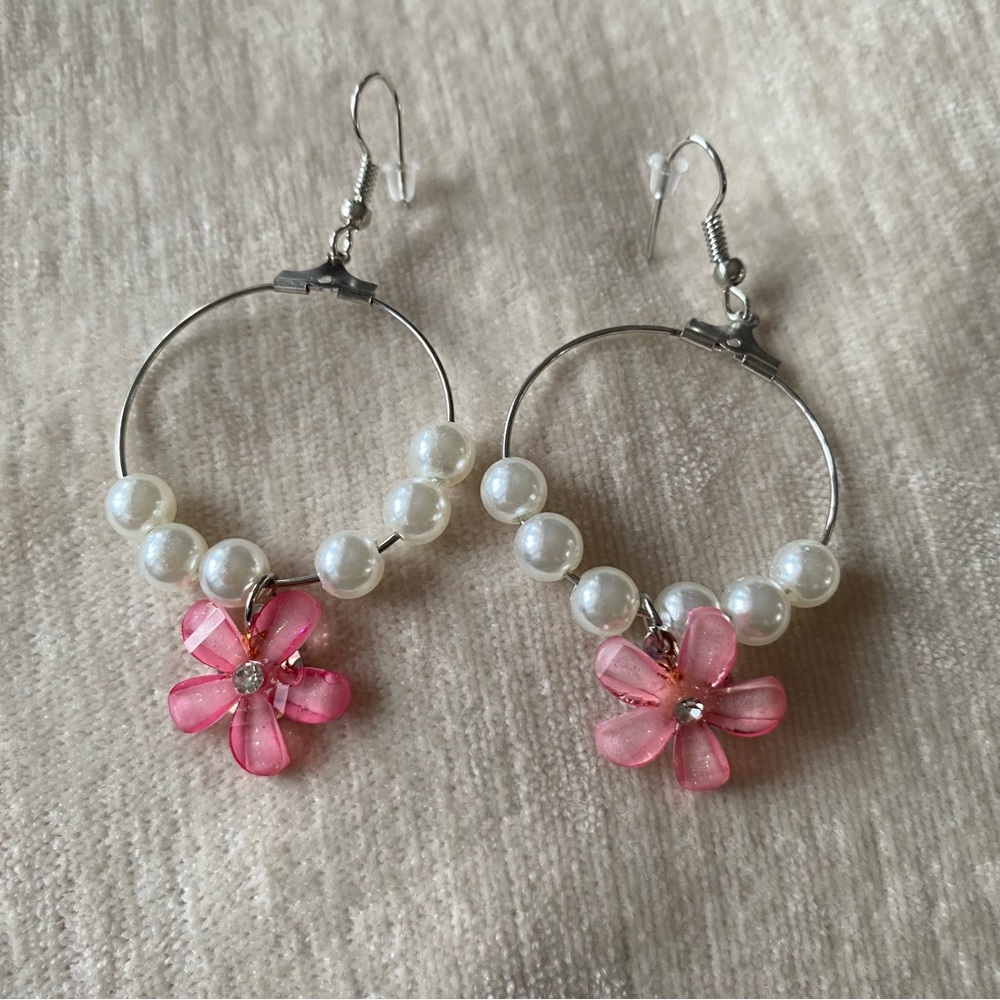 Fashion Earrings Silver Circle Pearls Pink Flower